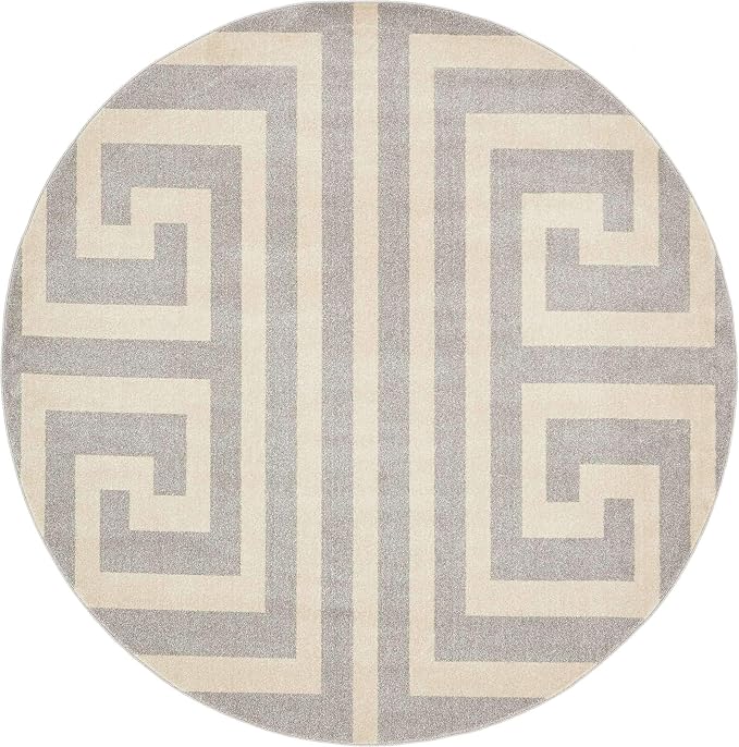 Unique Loom Athens Collection Classic Geometric Modern Border Design Area Rug (8' 0 x 8' 0 Round, Gray/ Beige)