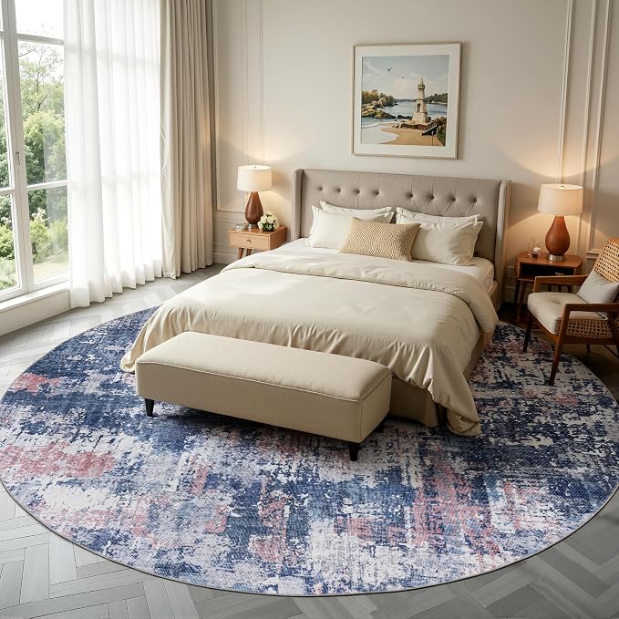 Sasttie 8ft Round Rug, Modern Abstract Large Circle Carpet, Pink & Blue | Machine Washable, Ultra-Soft Faux Wool, Low Pile, Non-Slip, Lightweight, Thin, for Living Room, Bedroom, Dinning Room & Dorm