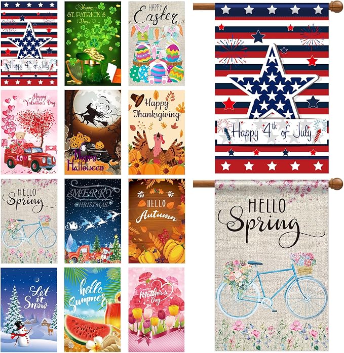 Shimeyao 12 Pack 28 x 40 Inch Patriotic Flags for Outside 4th of July White Blue Spring Large Holiday Yard Flags Garden Lawn Independence Day Double Sided Seasonal Flag Polyester Festive Set Outdoor