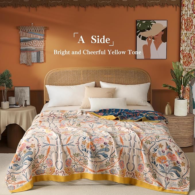 Phuryllic Boho Throw Blanket Twin Size, Soft Cozy Cotton Muslin Quilt Blanket for Bed Decor, Floral Patterned Couch Sofa Chair Cover, Vintage Farmhouse Cottage Tapestry Woven Blanket, Yellow&Blue
