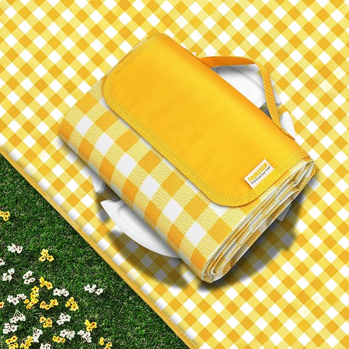 SAMSIER Outdoor Picnic Blankets Waterproof Foldable Sandproof, Extra Large Gingham Cute Picnic Mat Washable Portable for Park Beach Camping Courtyard (Yellow, 80"×80")