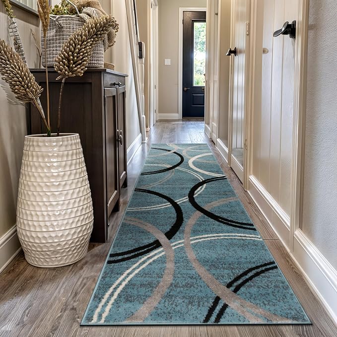 Rugshop Wavy Circles Modern Non-Shedding Runner Rug Blue 2'7" x 12' | Rectangular, Size 2'7" x 12', Living Room, Bedroom, Dining Room, Home Office, Kitchen, Entryway, Hallway, Nursery, Kids Room