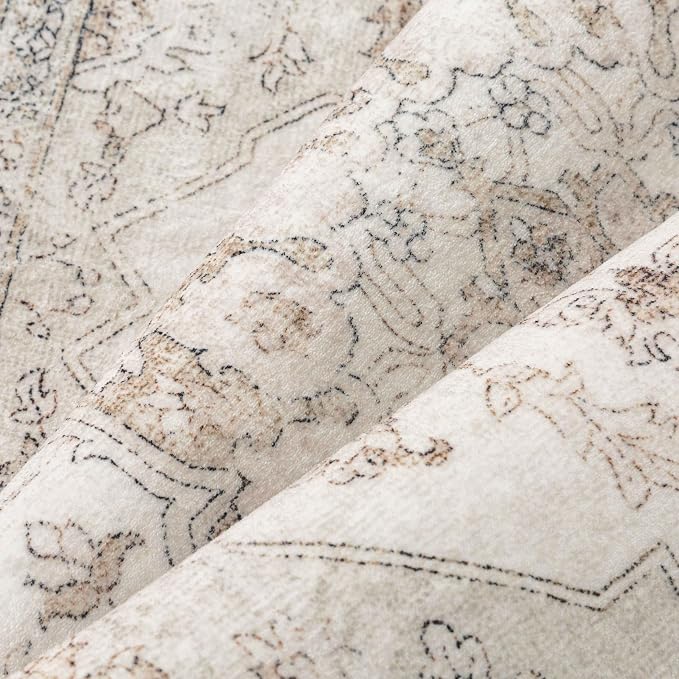 Beige 5x7 Washable Area Rug Vintage Oriental Medallion Carpet | Soft Low Pile, Non Slip, Stain Resistant, Large, Neutral Retro Decor for Living Room, Bedroom, Dining Room, Kids Room