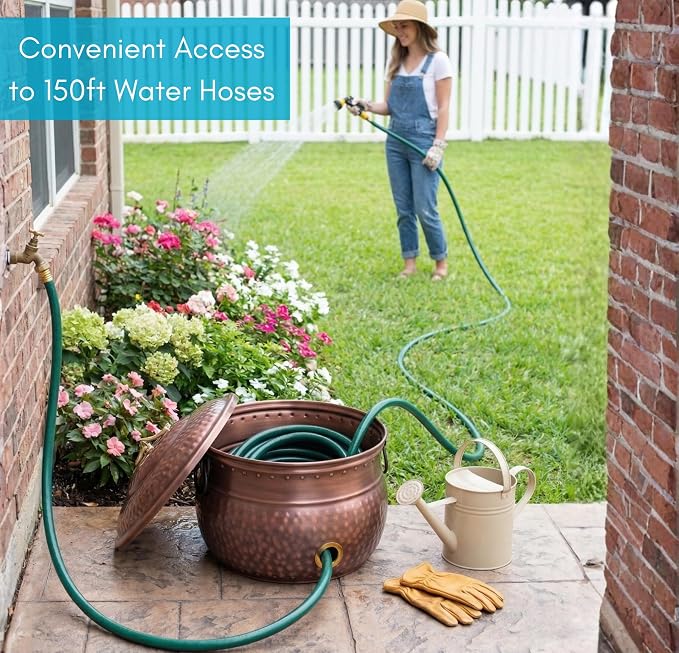 BIRDROCK HOME Water Hose Holder with Lid | Ground Garden Hose Pot | Decorative | Handle | Embossed | Steel Metal with Copper Accents - Outdoor or Indoor Use