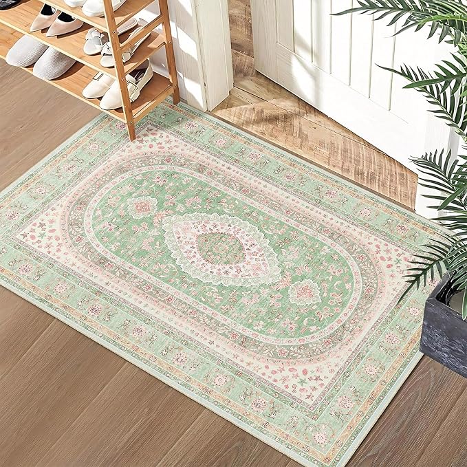 Small Rugs 2x3,Green Rug for Entryway Entrance Doormat Boho | Vintage Bohemian Distressed Washable Oriental Accent Floor Throw Carpet for Bathroom Bedroom Non Slip,Sage Blush Floral