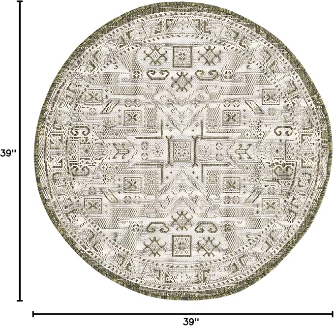 Unique Loom Outdoor Aztec Collection Area Rug - Coba (3' 3" Round, Green/ Ivory)