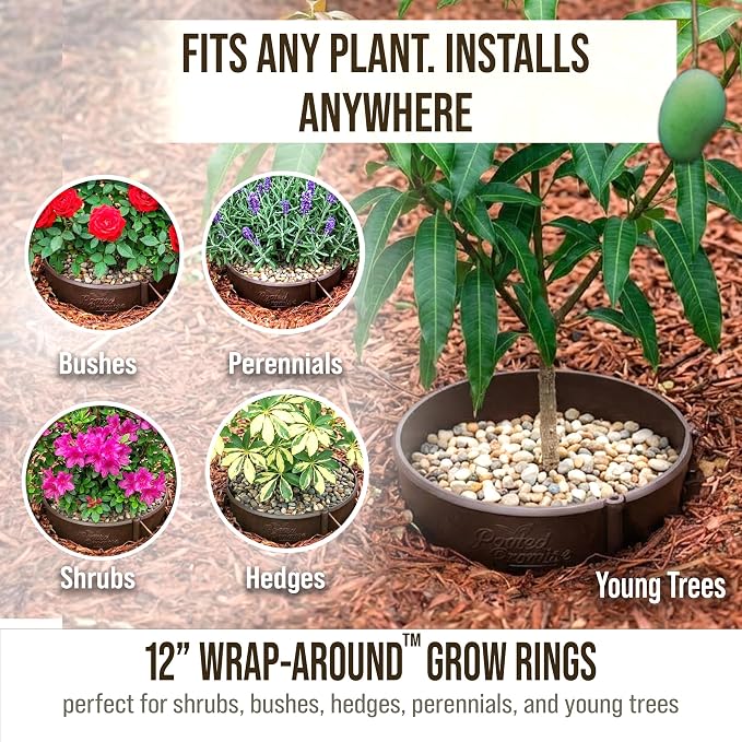 12 Inch Wrap-Around Adjustable Planting Grow Rings | 6 Pack | Brown | Install Around Existing Plants | Square Foot Gardening | Trimmer Protection and Mulch Barrier | Heavy Duty | Made in USA