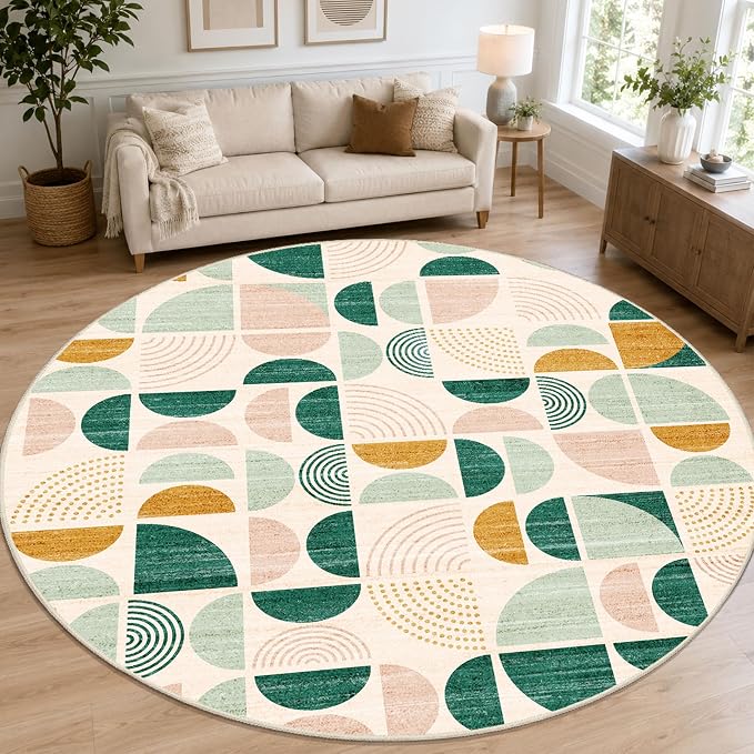 Round Rugs 9ft,Circle Area Rug Washable Non Slip Modern Abstract | Circular Rugs for Living Room Dining Room Boho Large Throw Carpet Soft Low Pile Floor Indoor Bohemian Sage Green