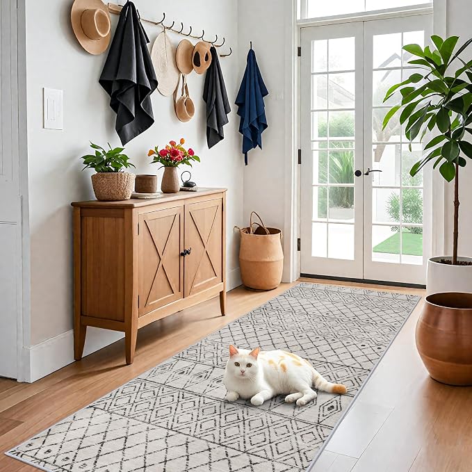 4x8 Modern Hallway Runner Rug:Moroccan Machine Washable Carpet Grey | Geometric Non Slip Pets Friendly Runner Low Pile Soft Indoor Floor Mat Front Door for Kitchen Bedroom Entryway Laundry