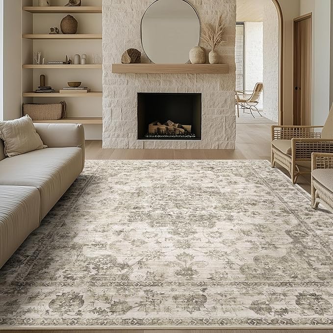 8x10 Taupe Neutral Area Rug | Washable, Non Slip, Soft Low Pile, Vintage Farmhouse, Large, for Living Room Bedroom Dining Room Office Indoor Home Decor