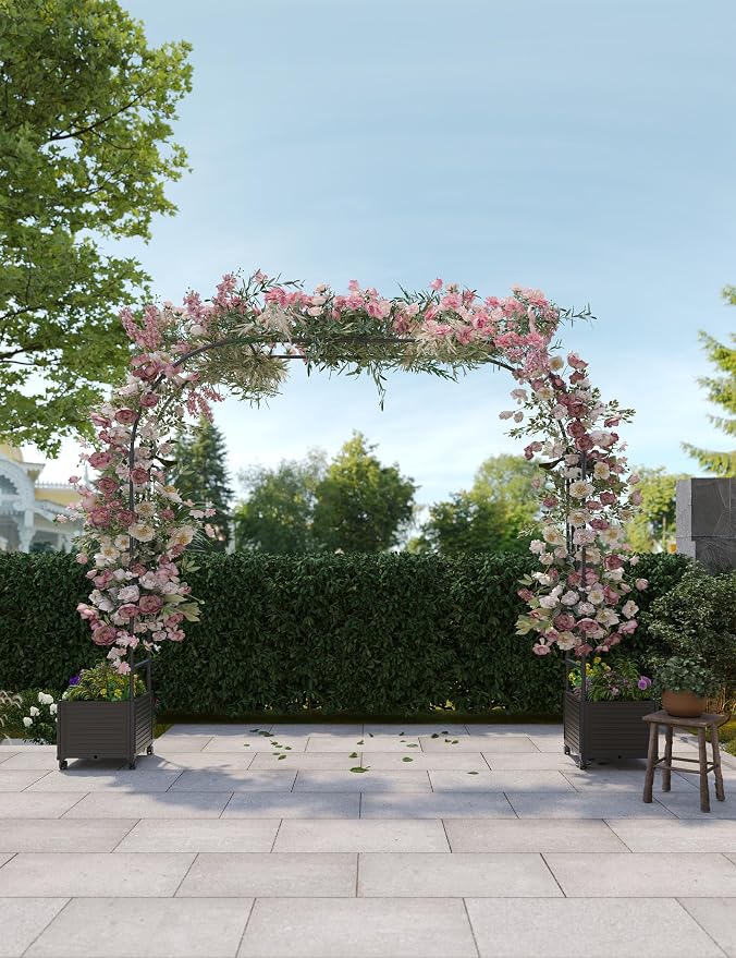 87" Tall Garden Arch Trellis for Climbing Plants – Metal Wedding Arch with Planter Box, Flower Frame Backdrop Stand – Rustproof Arbor for Wedding, Party, Balloon Decor & Outdoor Plant Support
