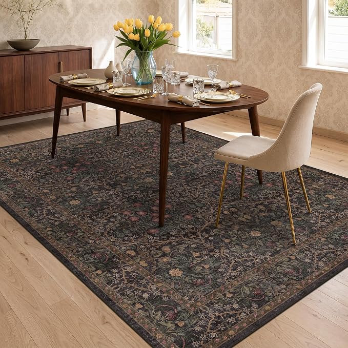 Dark Brown 6x8 Dining Room Rugs for Under Table - Washable Area Rug for Living Room, Low Pile Non-Slip Floor Carpet for Bedroom - Vintage Design & Stain Resistance