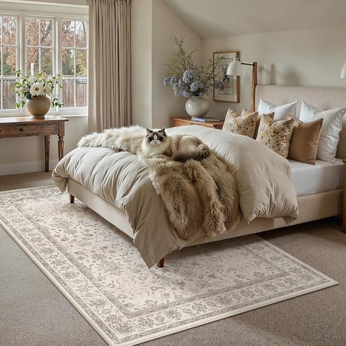 Beige 5x7 Washable Area Rug Neutral Vintage Floral Carpet | Soft Low Pile, Non Slip, Stain Resistant, Retro Accent Decor for Living Room, Bedroom, Dining Room, Kids Room, Office