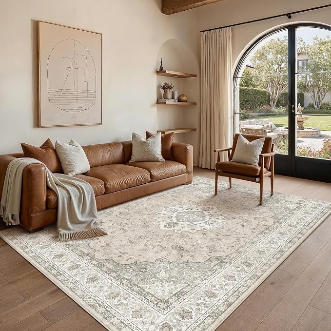 8x10 Washable Area Rug Beige Brown Non Slip Vintage Carpet | Low Pile, Stain Resistant, Living Room, Bedroom, Office, Playroom, Dining Room, Soft, Large, Lightweight