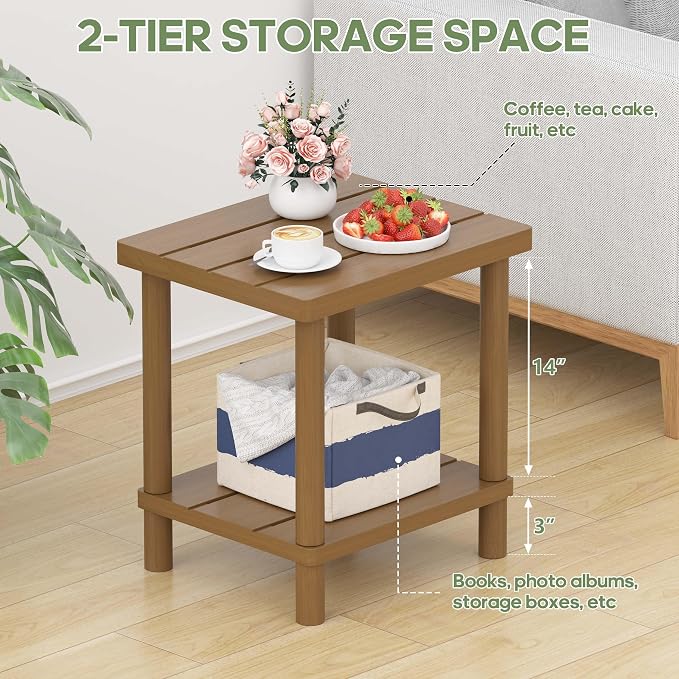 LEJANEOYE Outdoor Side Table, 2-Tier Small Outdoor Table for Patio, Adirondack Side Tables for Outside or Indoor, Bamboo End Table for Pool, Porch, Weather Resistant Easy Maintenance,Brown