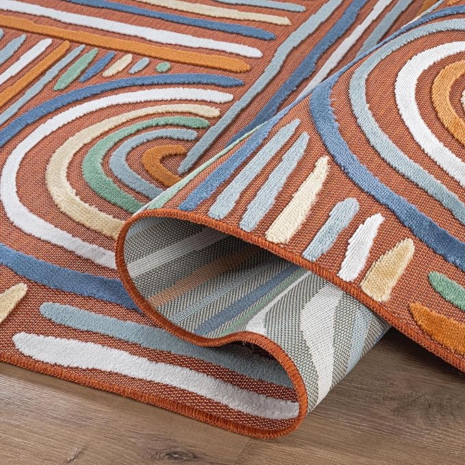 CAMILSON Indoor Outdoor Rug, Orange 10x14 Geometric Arch Striped Large Area Rugs for Patio and Home Areas, Easy-Cleaning Non-Shedding Living Room, Garden and Deck Washable Outside Carpet (10 x 14)