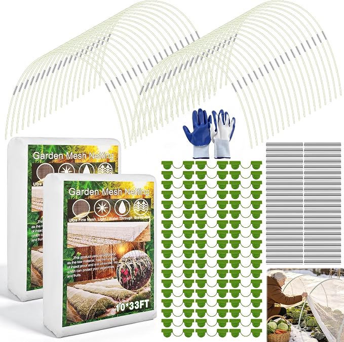 Garden Mesh Netting Kit, 2 Pieces 10x33FT Netting, 100 Hoops 80 Connectors 72 Clips 1 Pair Gloves, Protection for Plant Vegetable Fruits Flowers Greenhouse