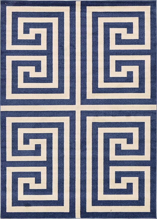 Unique Loom Athens Collection Classic Geometric Modern Border Design Area Rug (7' 0 x 10' 0 Rectangular, Navy Blue/ Beige)