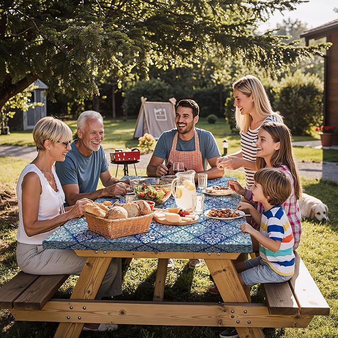 Fitted Waterproof Picnic Table Cover with Bench Covers Elastic Reusable Camping Table Cloths for 6Ft Rectangle Tables Summer Camp Motorhome Party Gear Outdoors Car Travel Trailer Gadgets Gift