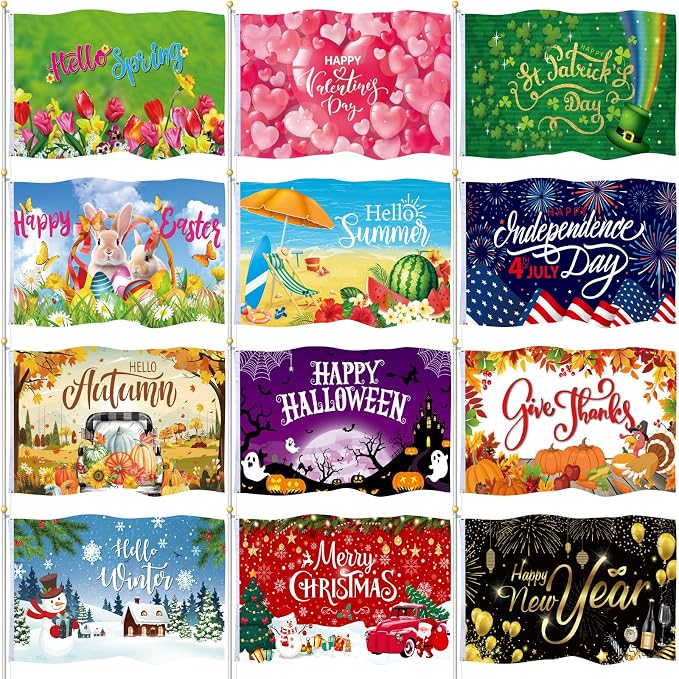 SmoothNovelty 12 Pcs Seasonal Garden Flag 3 x 5 ft Yard Flags for Outside Double Sided Holiday Banner with Grommets for Spring Summer 4th of July Outdoor Banner Decorations(Classic)