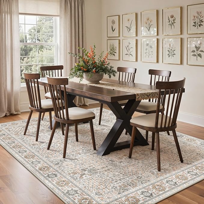 9x12 Area Rug for Living Room, Washable Low Pile, Beige Grey | Vintage Distressed Design, Spill Resistant Lightweight Non-Shedding Carpet for Bedroom, Dining Room, Office