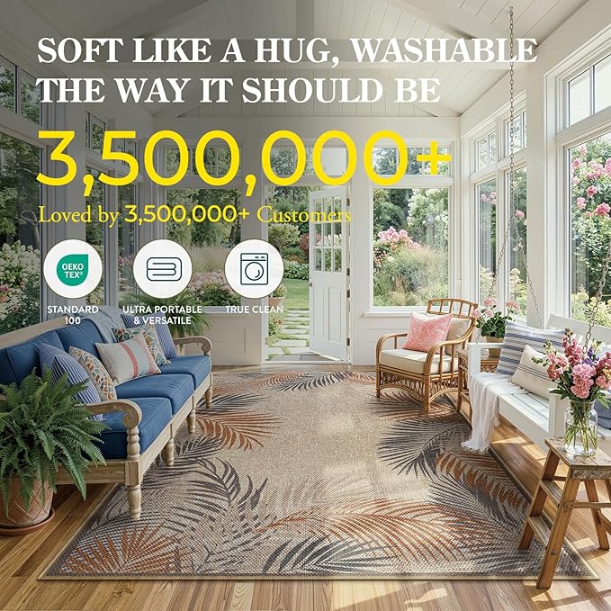 LIVEBOX Modern 3x5 Jute Outdoor Patio Rug, Washable Rugs for Entryway Porch, Tropical Leaf Boho Farmhouse Carpet, Non Slip Front Door Mat for Outdoor Indoor Entryway Decor (Beige 3'x5')