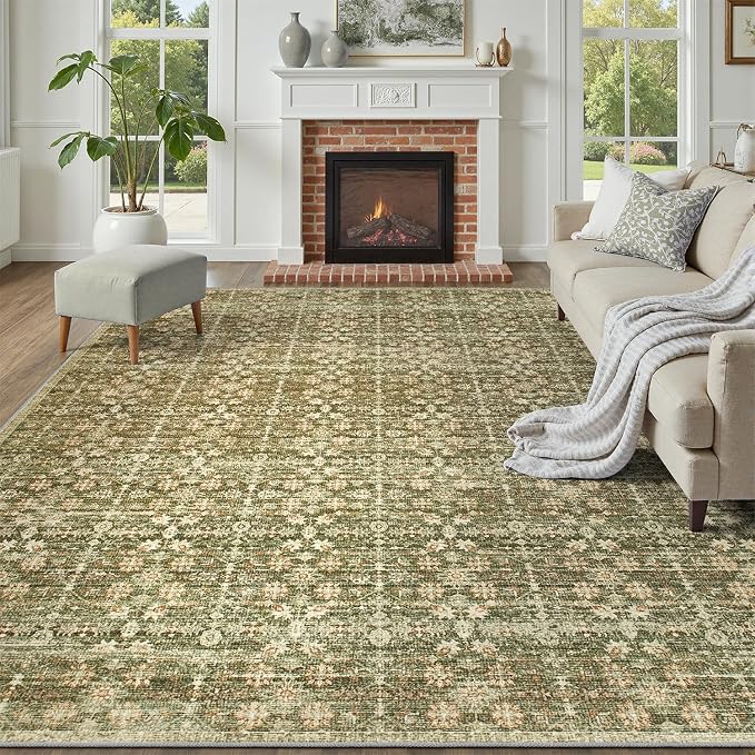 DCX 5x7 Neutral Rug, Kid & Pet Friendly with Rubber Back Non Slip, Machine Washable Stain Resistant Olive Green Floral Rug for Living Room, Bedroom, Soft Low Pile Large Nursery Carpet