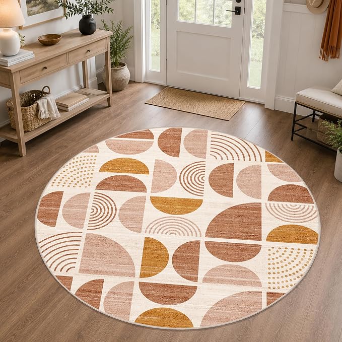 Round Rugs 6ft,Circle Area Rug Washable Non Slip Modern Abstract Boho | Large Circular Rugs for Living Room Dining Room Boho Throw Carpet Soft Low Pile Floor Indoor Bohemian Orange