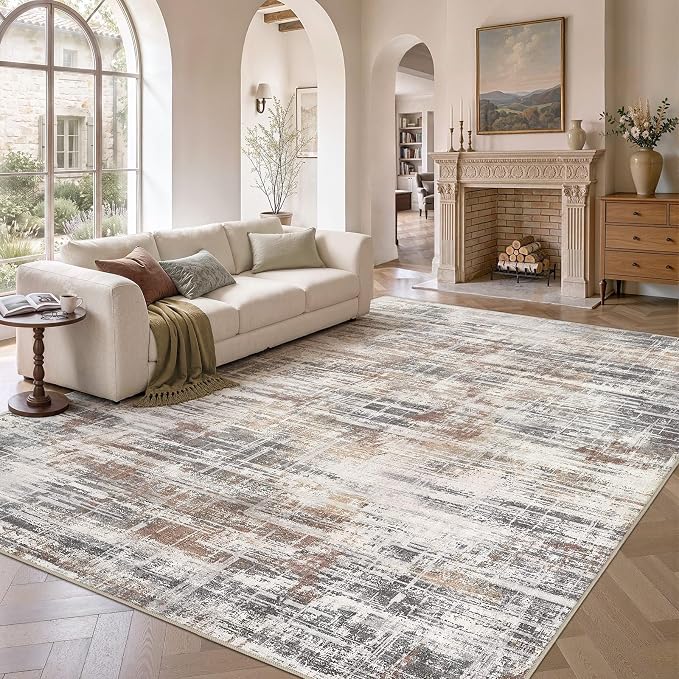 UERMEI 9x12 Area Rug for Living Room Washable Abstract Grey/Rust/Brown | Low Pile Non-Slip Soft Neutral Modern Carpet Kid Pet Friendly Large Rugs For Bedroom Dining Room Nursery Office Indoor Decor