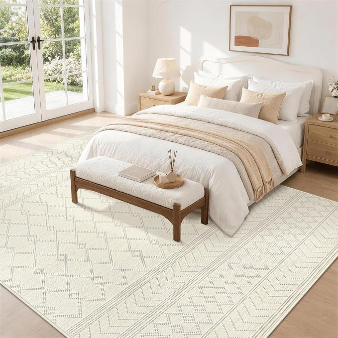 5x7 Area Rug For Living Room, Washable Beige Rugs Non Slip Low Pile | Neutral Large Soft Rug，Modern Geometric Carpet For Bedroom Dining Room Home Office Decor rug