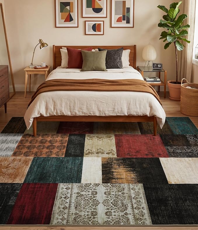 Mid Century Modern Vintage Cowboy Area Rug 8x10 for Living Room,Retro Patchwork Rug Non Slip,Red and Brown Floral Farmhouse Rugs Washable, Geometric Boho Rugs for Kitchen,Dining Room,Bedroom