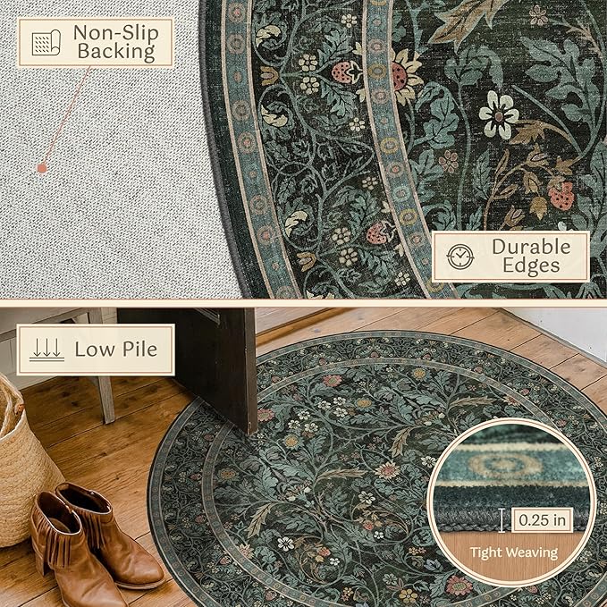 8ft Round Rug for Living Room, Dark Green Vintage Botanical Floral Large Circle Dining Room Area Rug, Washable Non-Slip Traditional Floor Carpet for Dining Room Under Table, High Traffic Area