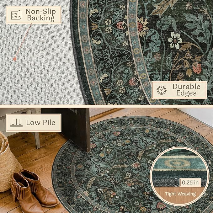 Dark Green 6ft Round Rugs for Dining Room, Living Room, Kitchen, Botanical Floral Washable Circle Area Rug for Bedroom, Traditional Oriental Moody Home Decor Circular Carpet