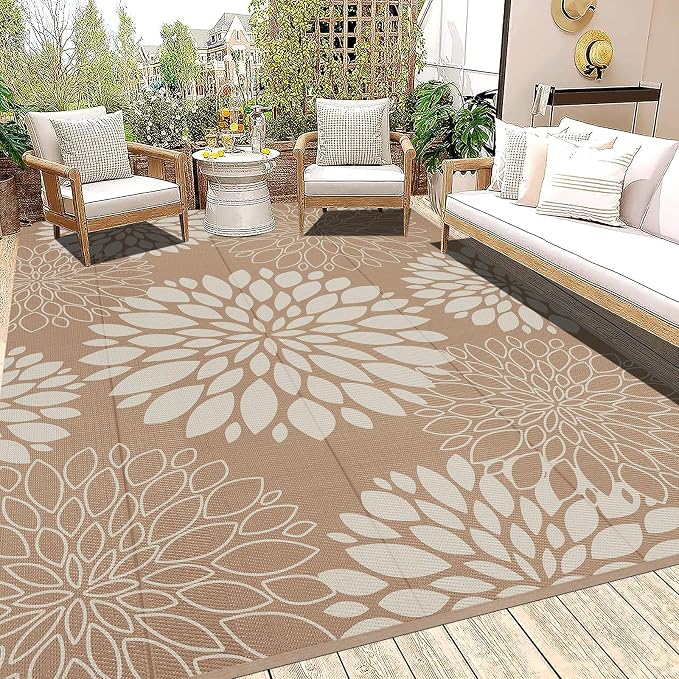 Ileading Waterproof Outdoor Rug 8x10, Reversible Plastic Straw Patio Rug, Portable Indoor Outdoor RV Camping Mat Carpet for Deck, Porch, Balcony, Backyard, Picnic, Floral Brown