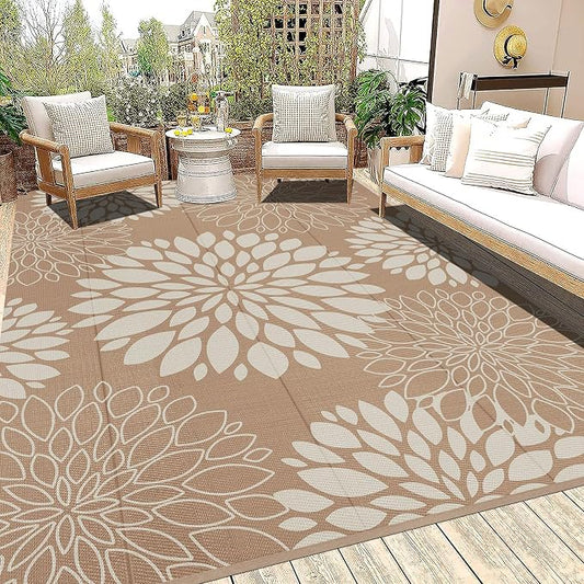 Ileading Waterproof Outdoor Rug 8x10, Reversible Plastic Straw Patio Rug, Portable Indoor Outdoor RV Camping Mat Carpet for Deck, Porch, Balcony, Backyard, Picnic, Floral Brown