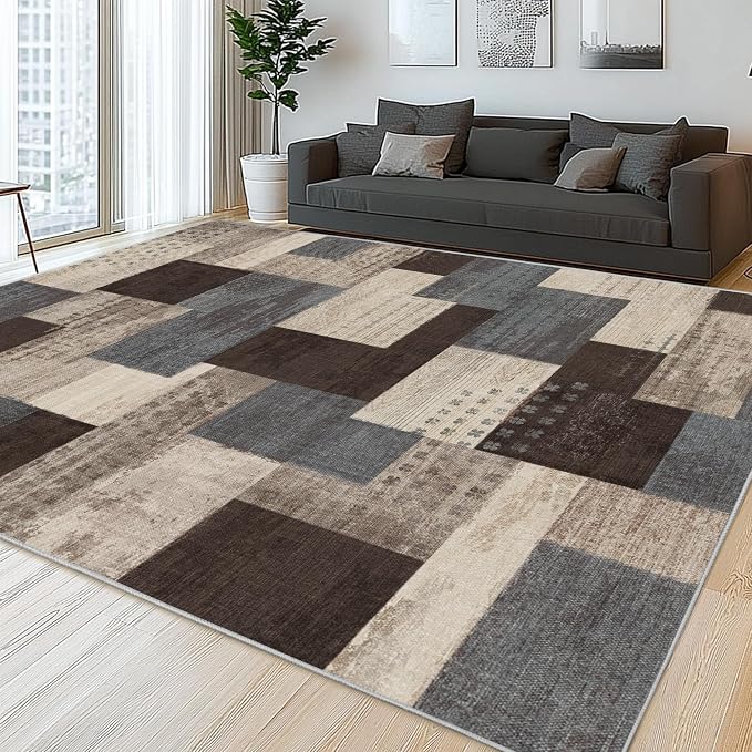 Modern Geometric Patchwork Indoor Blue Area Rug for Living Room | Blue-Taupe 9'x 12' Large Rug Rockwood Collection Hardwood Floors Decor for Bedroom, Throw Carpet for Office Dining Room