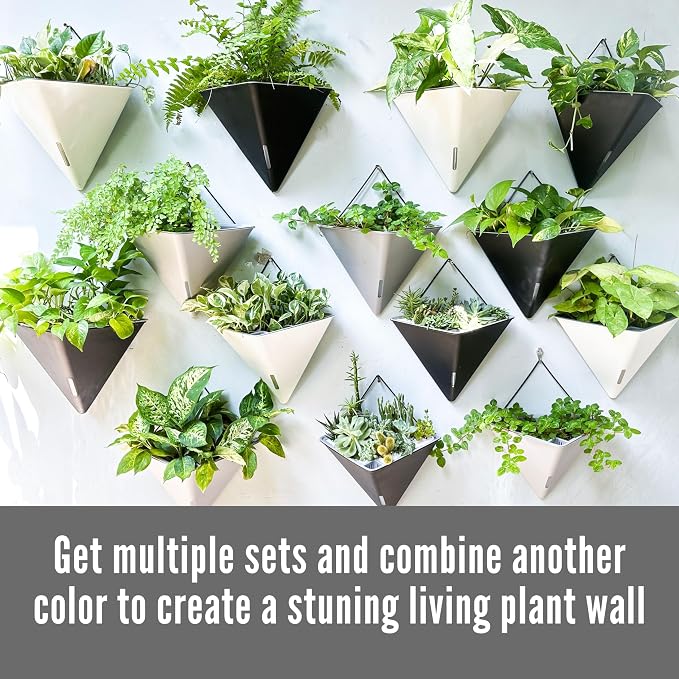 LaLaGreen Wall Planters - 4 Pack, 12 Inch Large Self Watering White and Gray Mixed Color Geometric Indoor Vertical Garden Plant Wall Hanging Flower Vase Vessel with Black Metal Hanger Modern Stylish