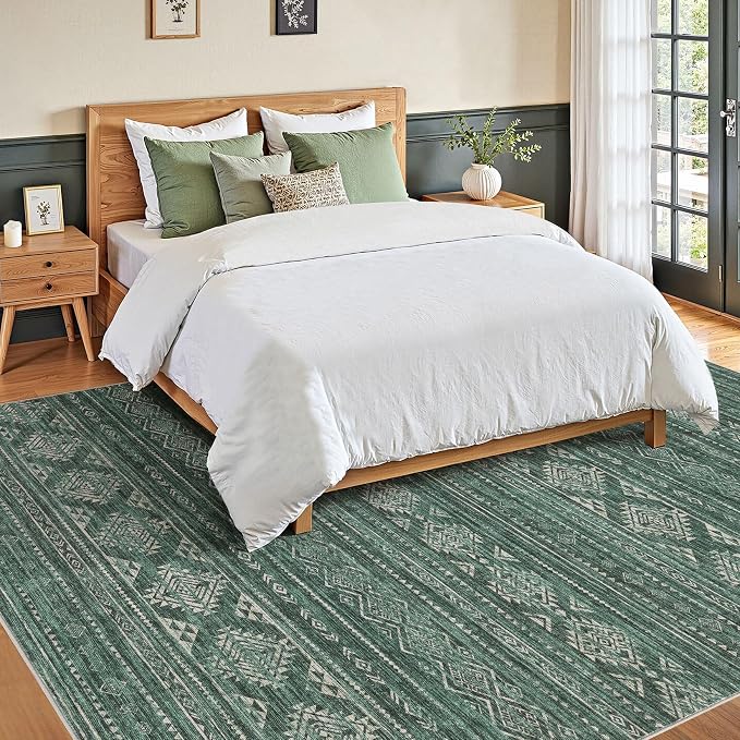 Nakagishi Area Rugs 9x12 Living Room: Washable Boho Large Neutral Modern Soft Farmhouse Green Rug Stain Resistant Indoor Floor Non-Slip Carpet for Women Home Enthusiasts Aged 25-45 - Bedroom Room