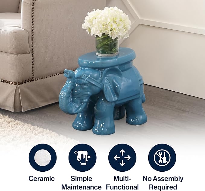 JONATHAN Y White Elephant 14.25" Glazed Ceramic Elephant Garden Stool, Weather-Resistant Indoor/Outdoor Patio Side Table and Plant Stand, Bohemian, Blue TBL1007D