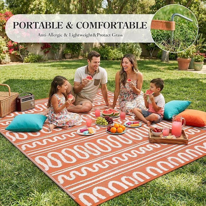 Beeiva Boho Outdoor Rug 8x10 Waterproof for Patio, Reversible Plastic Straw Rug for RV Camping, Deck, Balcony, Backyard, Orange