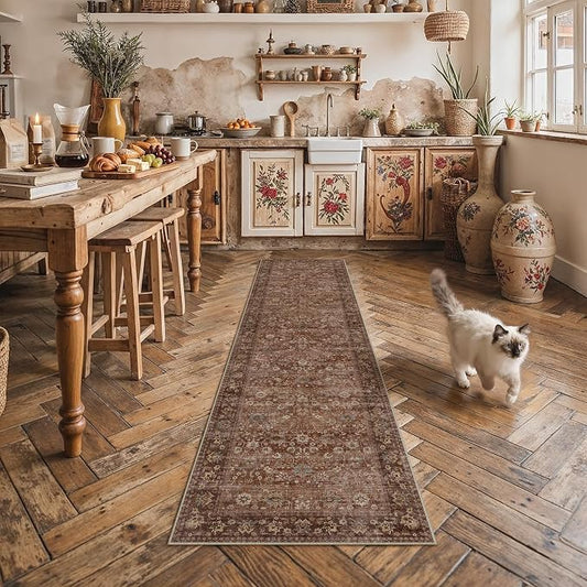 HUGEAR 2'6''x8 Runner Rug Machine Washable Brick Red Hallway Area Rug Indoor Accent Rugs Floral Low Pile Carpet Soft Throw Rugs Bedroom Living Room Office Dining Kitchen Laundry Non Slip