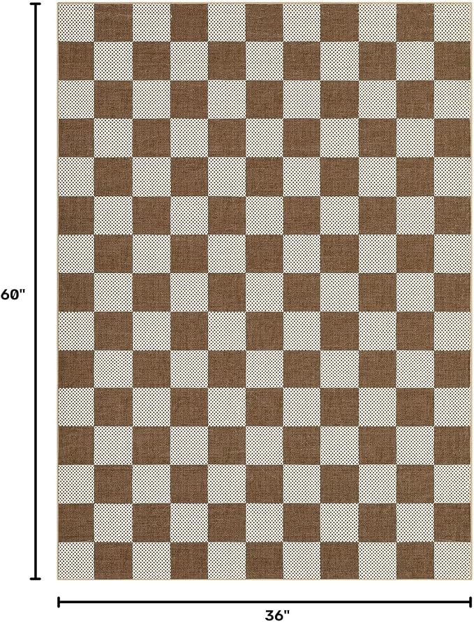 GarveeHome Checkered Terracotta Brown 3x5 Washable Rug Low-Pile for Bedroom | Non-Slip Terracotta Brown Stain Resistant Rug for Bedroom Bathroom Living Room Geometric Soft Rug TPE Backing