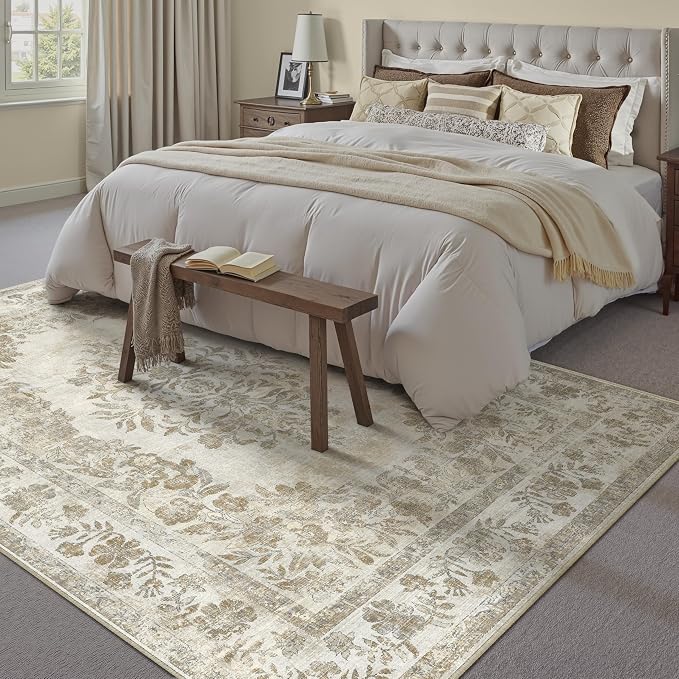 9x12 Washable Area Rug Living Room Cream Beige Vintage Carpet | Soft Low Pile, Non Slip, Stain Resistant, Floral Medallion, Neutral Retro Decor for Bedroom, Dining Room, Kids Room, Office