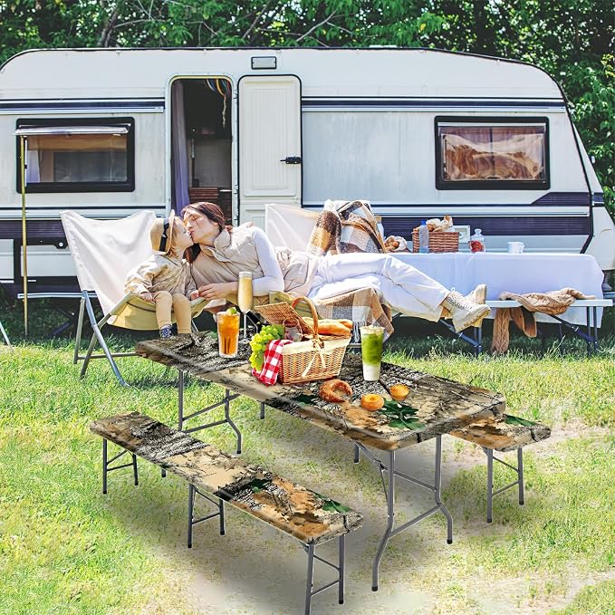 Picnic Table Cover with Bench Covers 72IN 6FT, Camping Essentials Tablecloth Waterproof Oilproof with elastic Edge for Indoor Outdoor Patio (Camouflage)