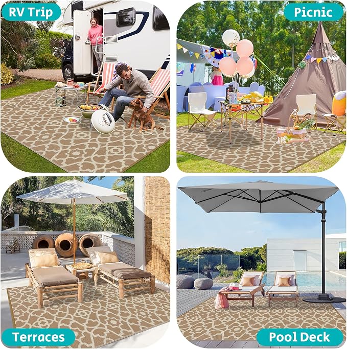 HEBE Outdoor Rug Waterproof 9x12, Reversible Plastic Straw Rug RV Camping Rug, Indoor Outdoor Patio Mat Clearance, Outside Carpet for Porch,Deck,Camper,Balcony,Backyard,Picnic