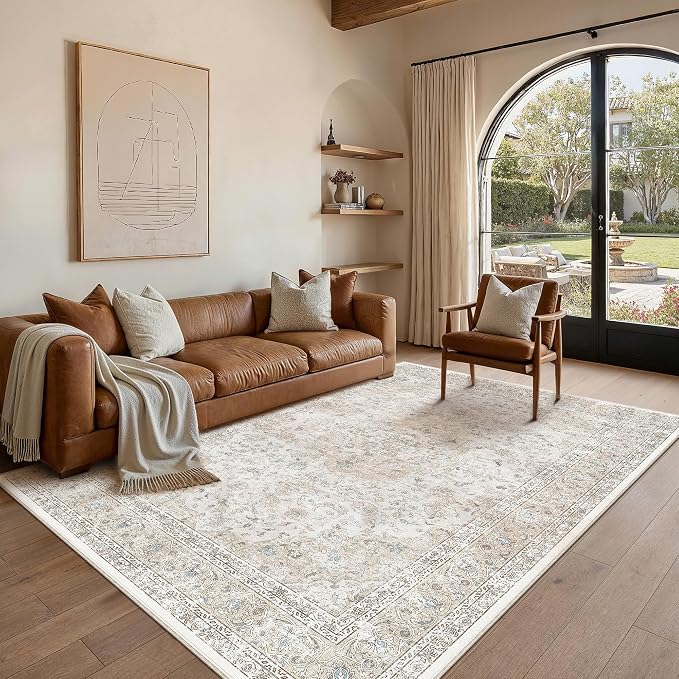 5x8 Washable Area Rug Beige Grey Non Slip Vintage Carpet | Low Pile, Stain Resistant, Living Room, Kitchen, Bedroom, Nursery, Office, Dining Room, Soft, Thin, Lightweight