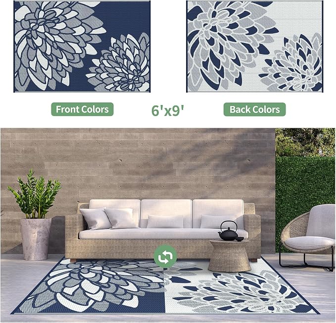 GENIMO Outdoor Rug 6' x 9' Waterproof for Patio Clearance, Reversible Plastic Straw Camping Mat, Lightweight Carpet for Rv, Camper, Deck, Porch, Picnic, Balcony, Beach,Mist Blue & White