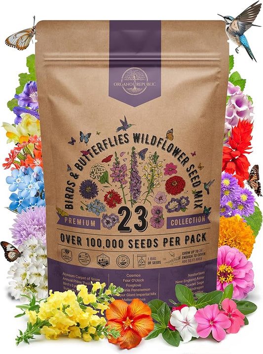 Organo Republic 23 Wildflower Seeds Annual & Perennial Mix for Indoor & Outdoors, Attract Birds & Butterflies 100,000+ Non-GMO, Heirloom Garden Seeds, 4oz Packet for Growing Wild Flowers