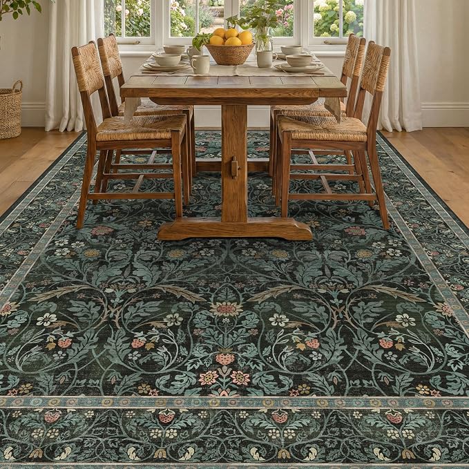 Washable Area Rug 9x12 Living Room, Ultra Soft Dark Floral Large Washable Rugs for Bedrooms, Dining Room, Moody Woodland Low Pile & Non Skid Indoor Floor Carpets (Dark Green)