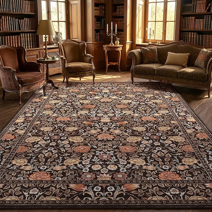 GarveeHome Dark Brown Floral 8x10 Area Rugs for Living Room Bedroom | Large Washable Dinning Room Dorm Office Rug Vintage Boho Rugs Low-Pile Non-Slip Stain Resistant TPE Backing